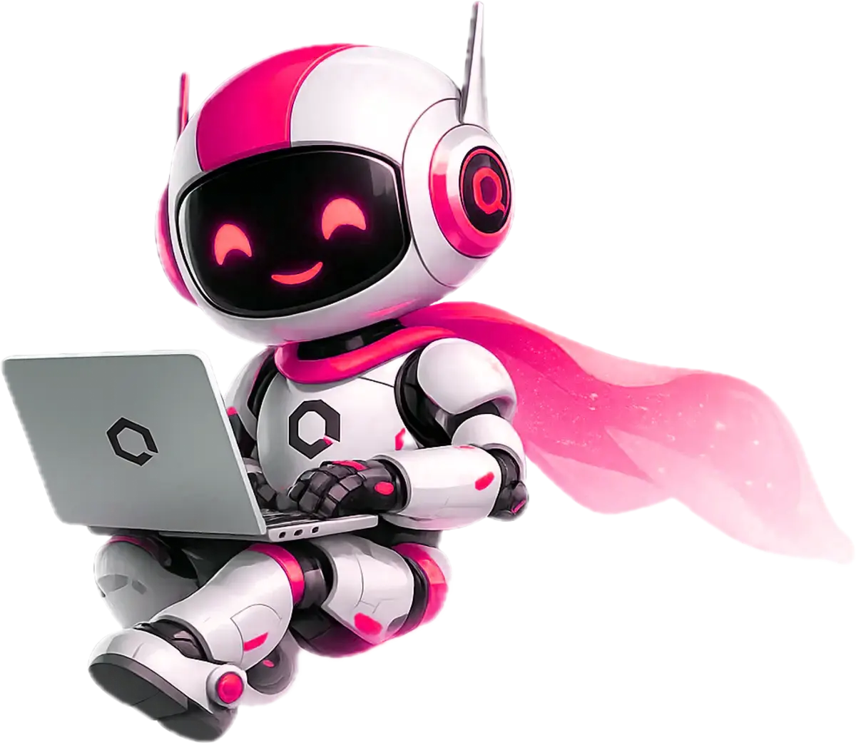 La mascota de Orkestra: un robot sonriente trabajando con su notebook, con una capa rosa al viento.